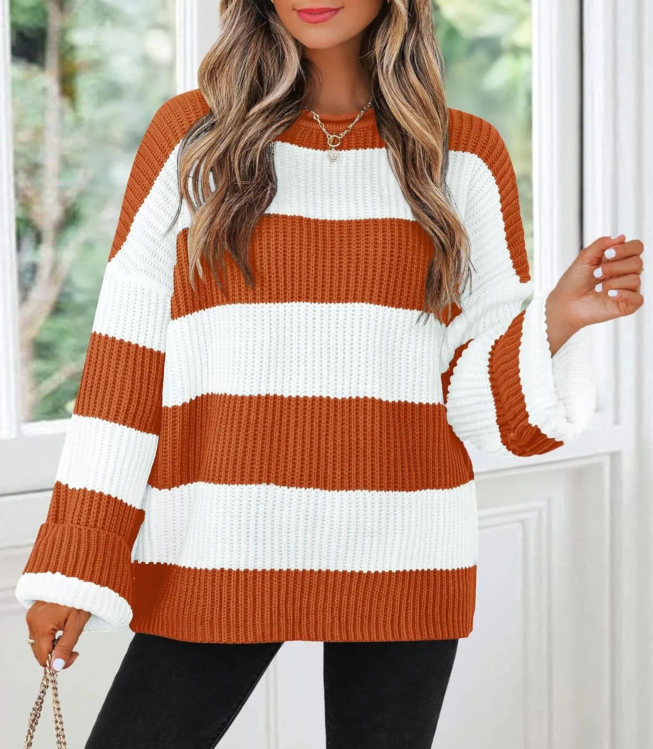 ZESICA Women's Fall Long Sleeve Crew Neck Striped Color Block Comfy Loose Oversized Knitted Pullover Sweater