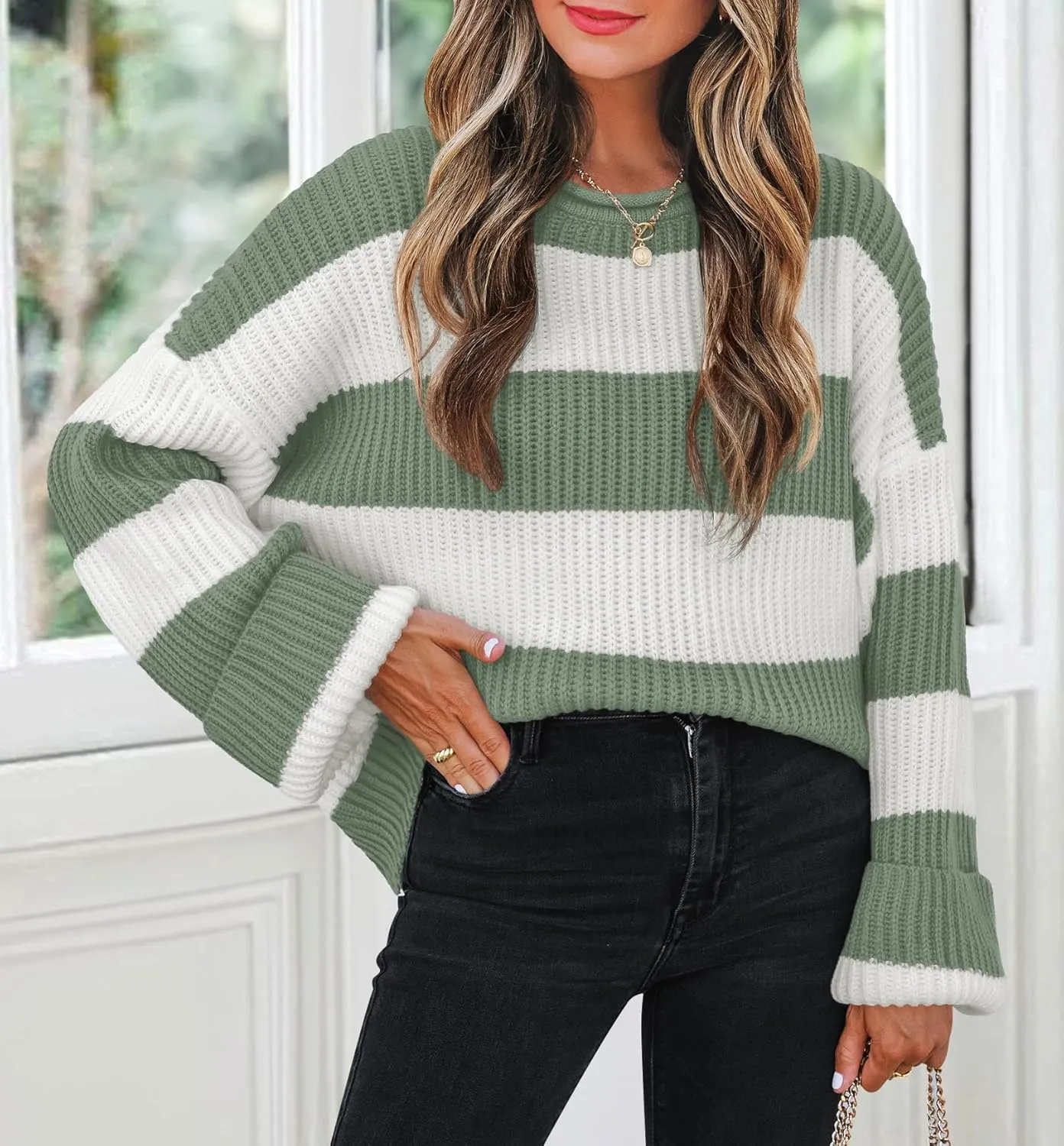 ZESICA Women's Fall Long Sleeve Crew Neck Striped Color Block Comfy Loose Oversized Knitted Pullover Sweater