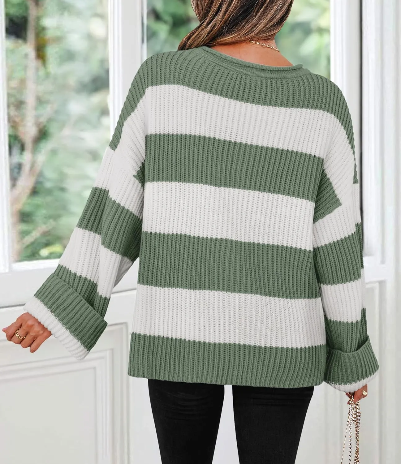 ZESICA Women's Fall Long Sleeve Crew Neck Striped Color Block Comfy Loose Oversized Knitted Pullover Sweater