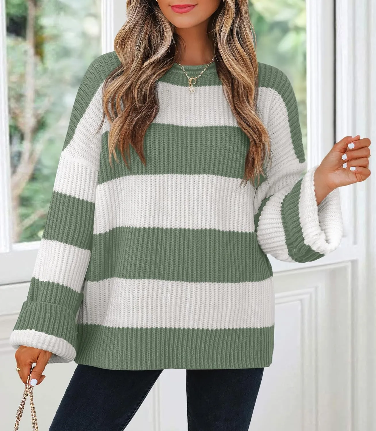 ZESICA Women's Fall Long Sleeve Crew Neck Striped Color Block Comfy Loose Oversized Knitted Pullover Sweater